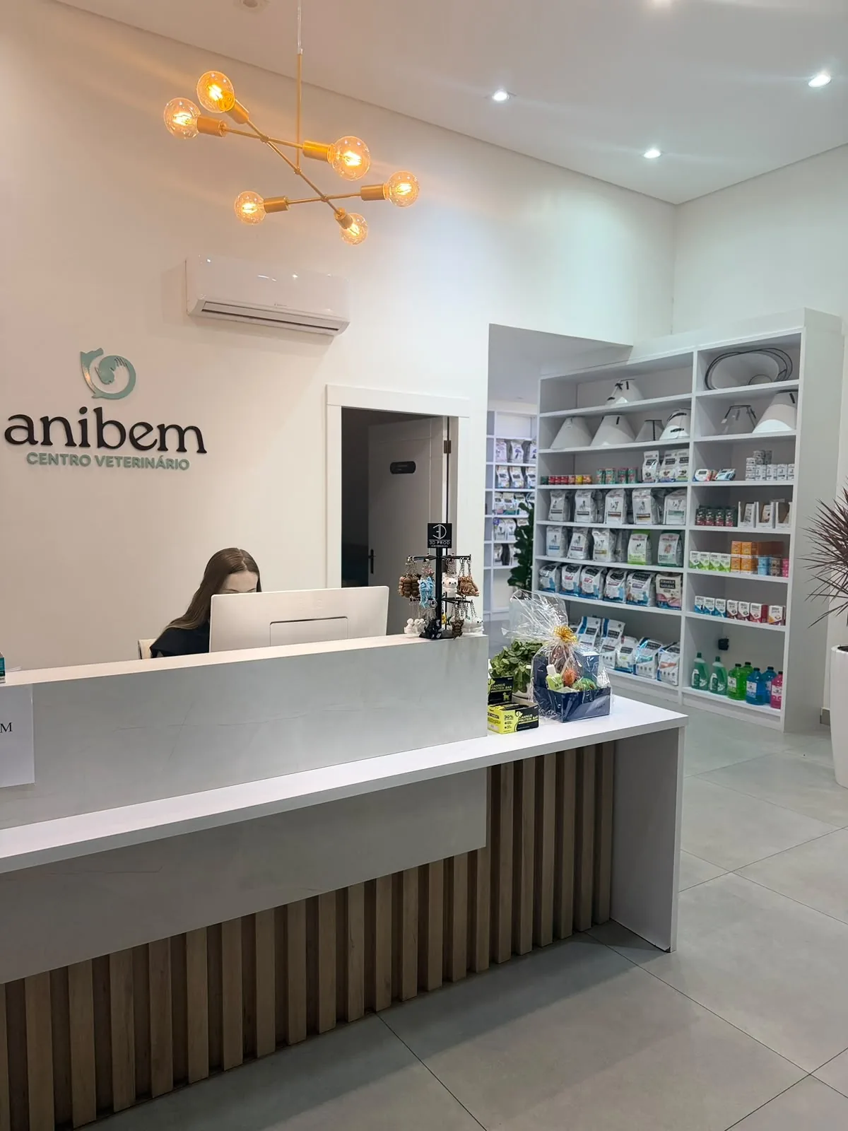 Recepção moderna e iluminada do Anibem Centro Veterinário com balcão de atendimento e loja integrada